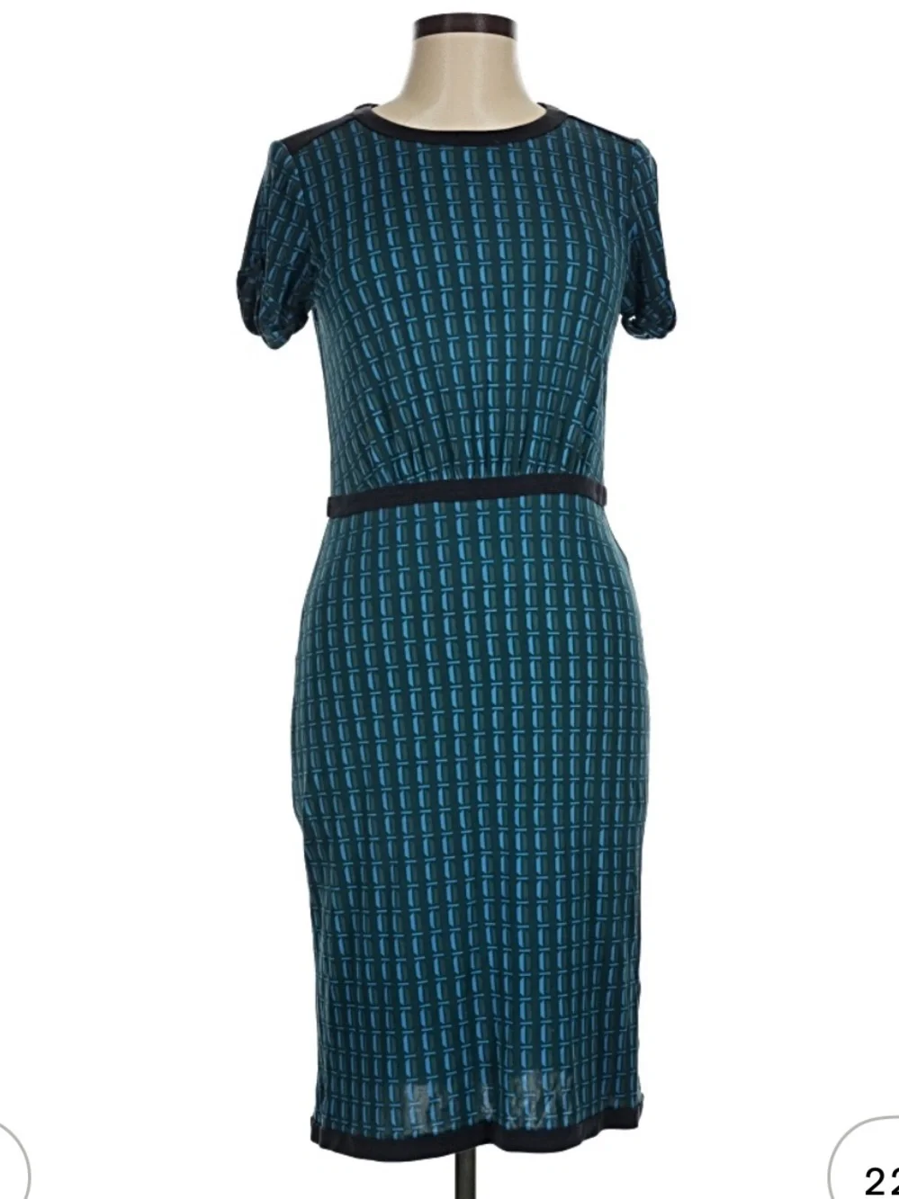 Torry Burch Teal Patterned Short-Sleeve Silk Sheath Dress in M
